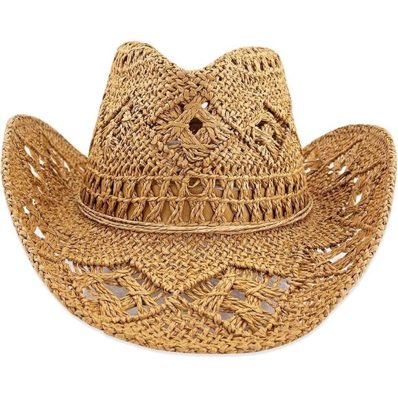 Accessories - Women's Brown Straw Sparkly Western Cowgirl Hat Foldable Vacation Beach Sun Hat
